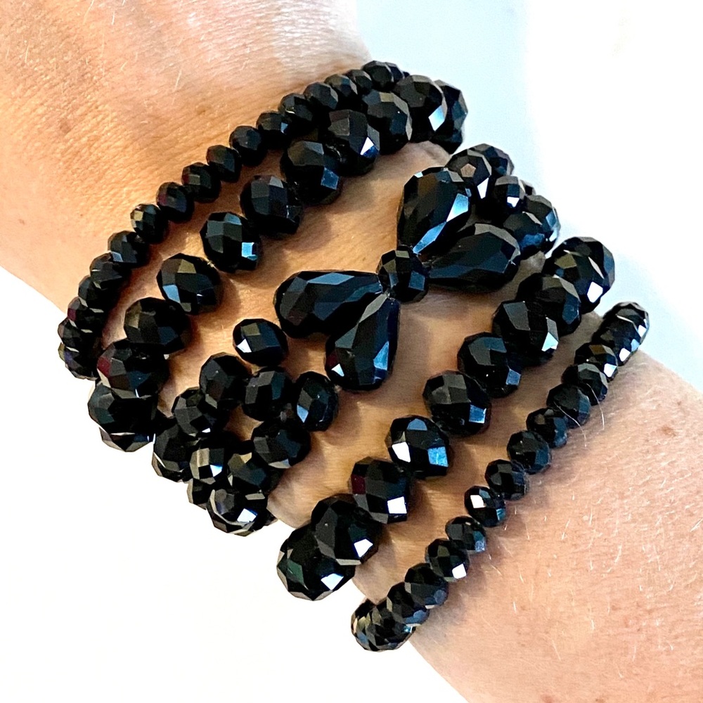 Jet Glass Beads Stretch Bracelet Set of 5